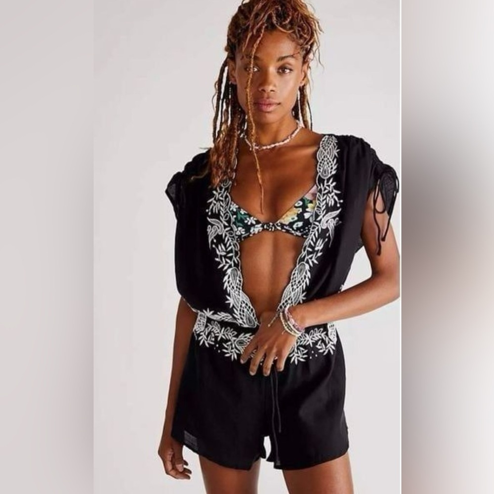 Free People Weila Romper Embroidered Tie Short Sleeve Pockets Black Small
